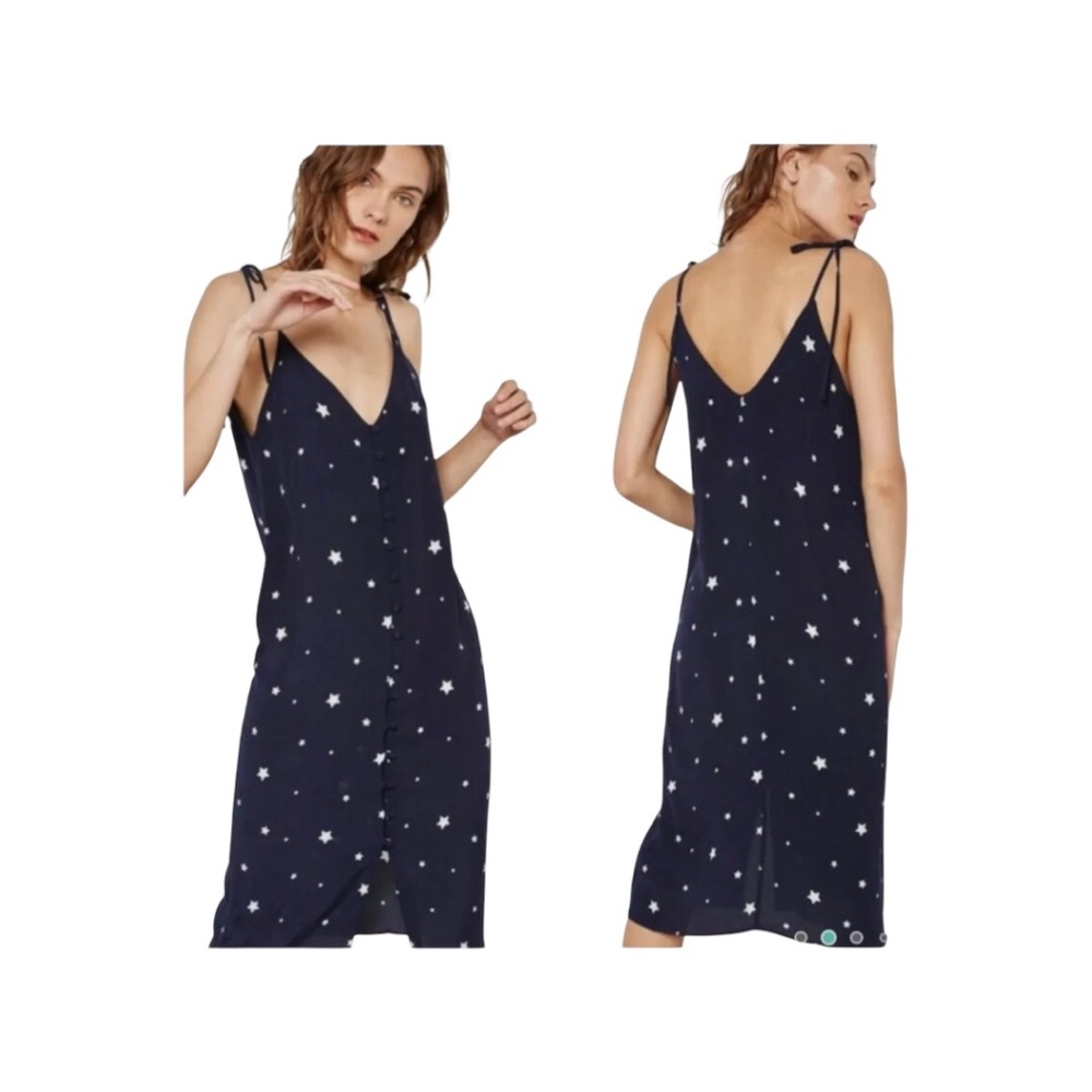 Topshop    Navy Blue White Stars Button Down Tie Strap Midi Dress Size 4